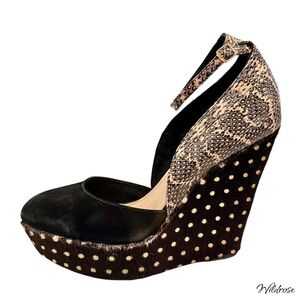 Loeffler Randall Mixed Print Pony Hair & Snakeskin Platform Wedges – Size 10